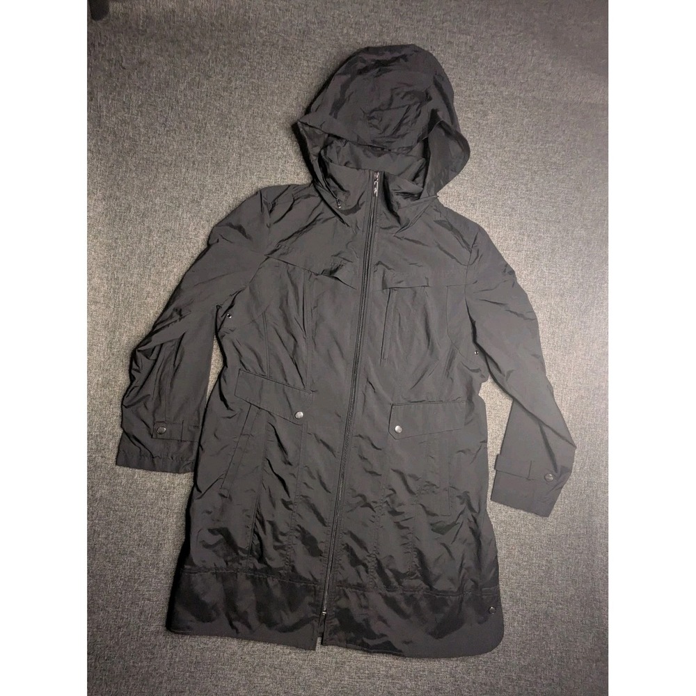 Cole Haan New York Women's Raincoat Jacket  Black Hooded Midi Trench Size XL